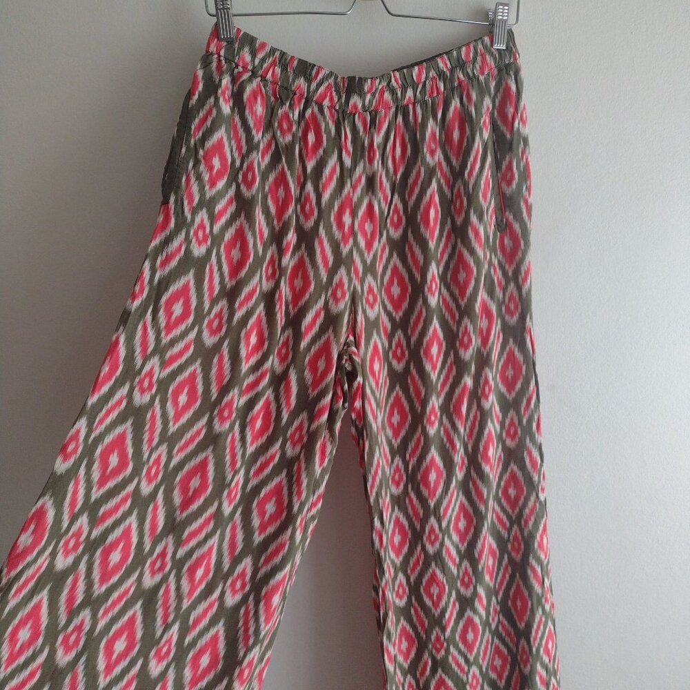 Anthropologie Lilka Wide-Leg Printed Pants M Red Olive Green Boho Ikat Casual - Picture 6 of 11